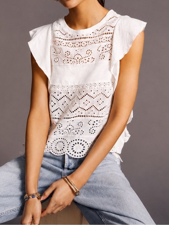 Anthropologie Tops - Anthropologie Ivory Eyelet Crochet Ruffle Lace Top Romantic Cottagecore Size S